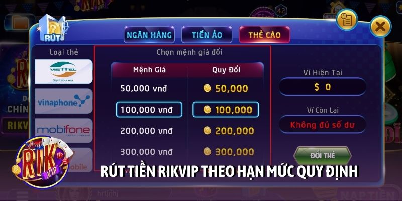 Rút tiền Rikvip theo hạn mức quy định